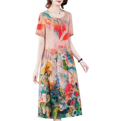Plus Size Printed Silk Dresses Female Short-Sleeved Hedging Vintage 2021Summer Womens Dress Loose Fashion Mid-Length Lady Dress