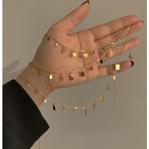 Fresh Shiny Waterdrop Square Circle Disc Pendant 18k Gold Chains Choker Necklaces for Girls Stainless Steel Jewelry for Women