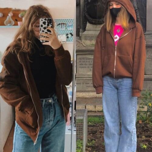 Brown Purple Black Zip Hooded Sweatshirt Winter Jacket Top Oversized Hoodie Retro Pocket Woman Clothes Long Sleeve Pullover