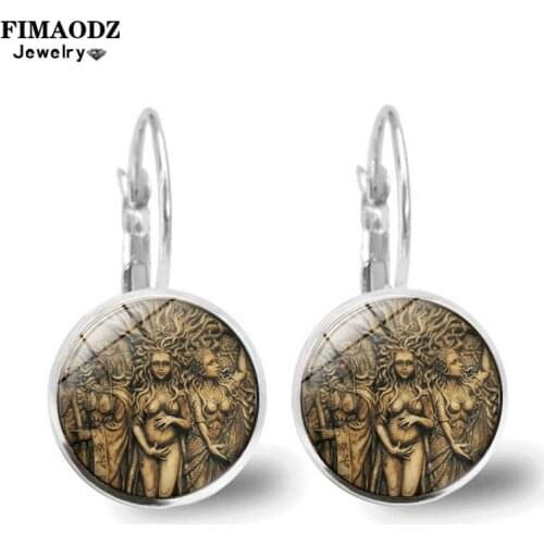 FIMAODZ Vintage Triple Moon Goddess Earrings Tree of Life Glass Cabochon Dangle Earring for Women Amulet Protection Jewelry