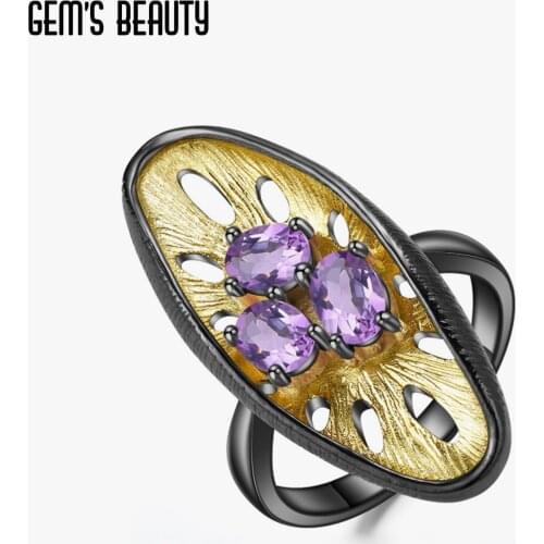 GEMS BEAUTY 925 Sterling Silver 18K Gold Filled Ring For Women Unique Three-Stone With Natural Amethyst Round Hive Ring