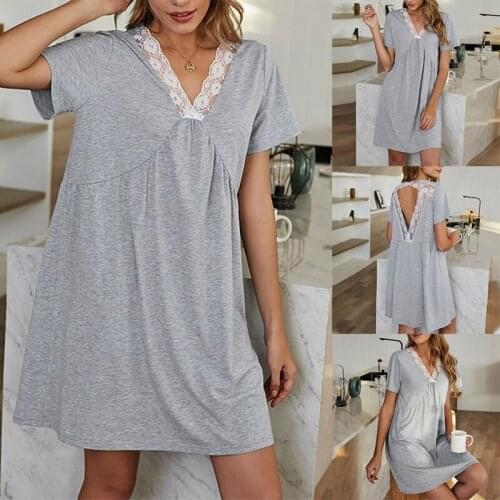 Womens Solid Color Lace V-Neck Casual Home Mid-Length Dress