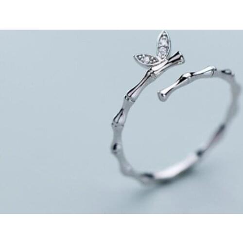 Season Gate 925 Sterling Silver Elegant Sweet Artistic Fresh Bamboo Joint and Butterfly Adjustable Size Open Ring SR176