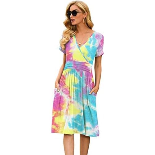 Floral Print Womens Dress Summer Beach Knee-length Dress Pocket V-neck Short-sleeved Top A-line Casual Basic Dress 2021