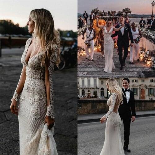 Ivory Mermaid Wedding Dress 2021 Long Sleeves Lace Applique abiti da sposa Deep V Neck Vintage vestido novia