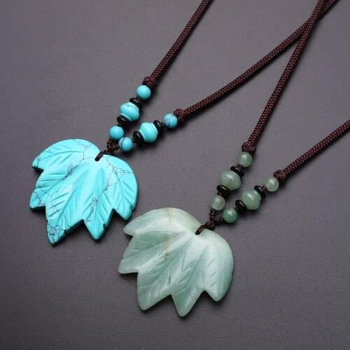1PCS Bohemian Women Natural Stone Necklace Green Turquoises Aventurine Maple Leaf Sweater Chain Jewelry Pendant Necklaces