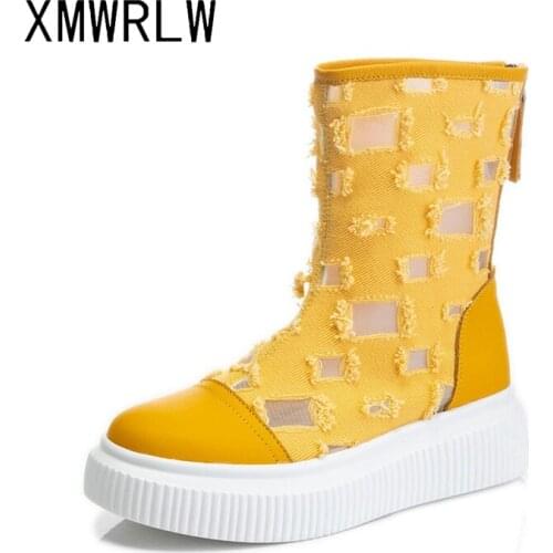 XMWRLW Womens Genuine Leather Boots Fashion Solid Color Woman Breathable Shoes Thick Sole Ladies Summer Boots Women Shoes Boot