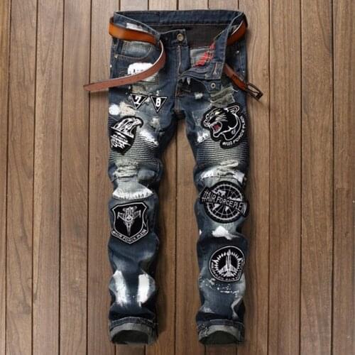 New Fashion Mens Clothing Splice Club Style Denim Pants Embroidery Tiger Head Slim Small Straight Leg Jeans Casual Trousers