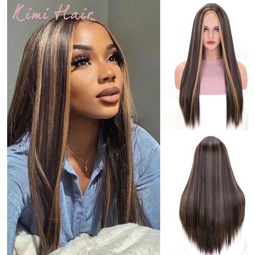 Kimi Hair Long Lace Straight Wig for Women Ombre Dark Brown Mixed Blond Middle Part Natural Hairline Heat Resistant Fiber