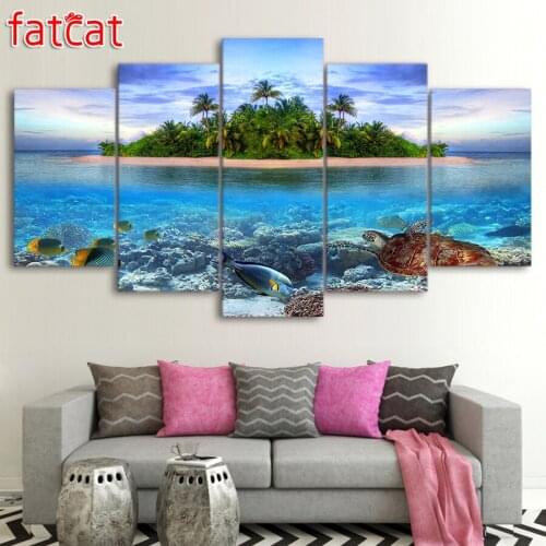FATCAT 5 Pieces Marine Life Tropical Island Sea Turtle Fish Palm Trees Diy Diamond Painting Full Diamond Embroidery Sale AE960