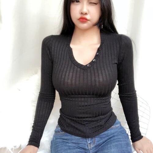 Camiseta Feminina 2019 Autumn Sexy V-Neck Button Tshirt Women Long Sleeve Cotton T Shirts White t-shirt Femme Korean Style Tops