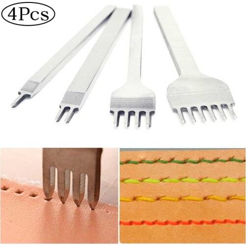 4Pcs Stainless Steel Leather Craft Tools Leather Punch 1+2+4+6 Hole Chisel Stitching Punch Tools Kit Hand DIY Sewing Accessories