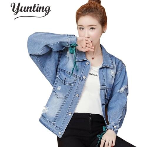 Spring Autumn Fashion Embroidery Flowers Denim Jacket Women Outerwear Female Loose Batwing sleeve Frayed Short Jeans Jacket Coat