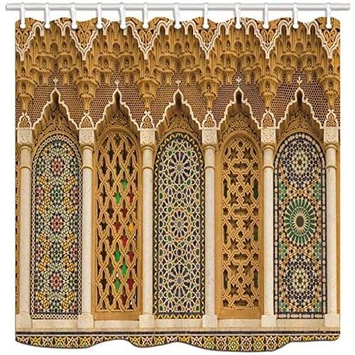 Moroccan Islamic and Colorful Geometric Patterns Morocco Shower Curtains with 12 Hooks, Bath Curtain Durable Waterproof Fabric