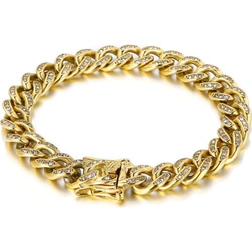 3 Color 11mm Curb Cuban Chain Zircon Temperament Charm Stainless Steel Mens Bracelet Jewelry