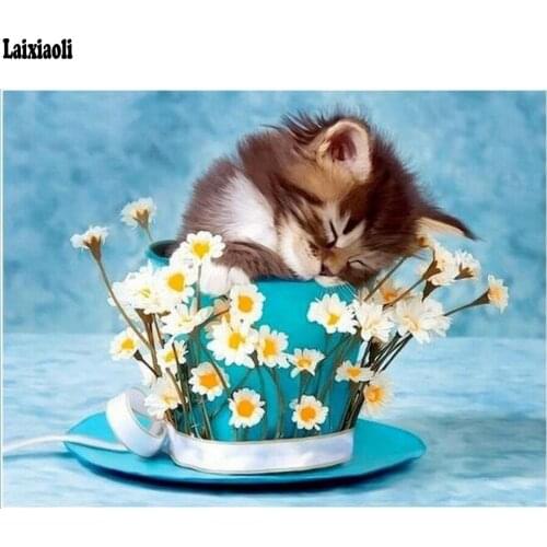 Full Drill Square round 5D DIY Diamond Painting kitten Diamond Embroidery Cup Flower Cat Picture Of Rhinestone Home Decor art