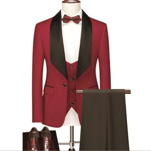 Newest Men Suits Burgundy Pattern and Black Groom Tuxedos Shawl Lapel Groomsmen Wedding Best Man ( Jacket+Pants+Vest+Tie ) D19