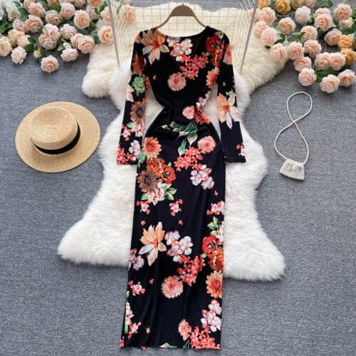 SINGREINY Women Elegant French Print Dress Long Sleeve V Neck Slim Party Dresses 2021 Autumn Sexy Split Streetwear Long Dress