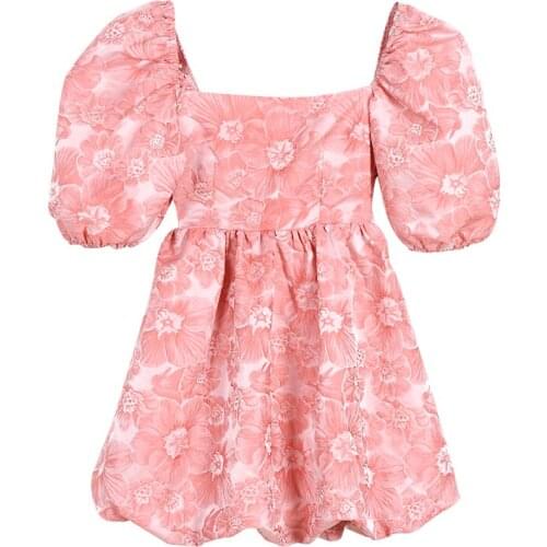 Young Ladies Dresses Junior Summer Chiffon Floral Short Sleeve Puff Sleeve Ball Gown Dress Female Vintage Style Vestidos