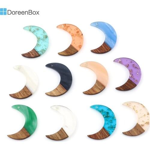 Doreen Box Moon Shape Resin & Wood Charms Pendants Wood Effect Resin Charms Half Moon Natural Pendnat for DIY 28mm x 22mm, 3 PCs