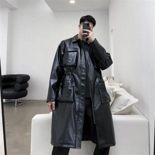 Mens long leather trench coat European and American loose casual multi-pocket hunting youth handsome clothing veste homme black