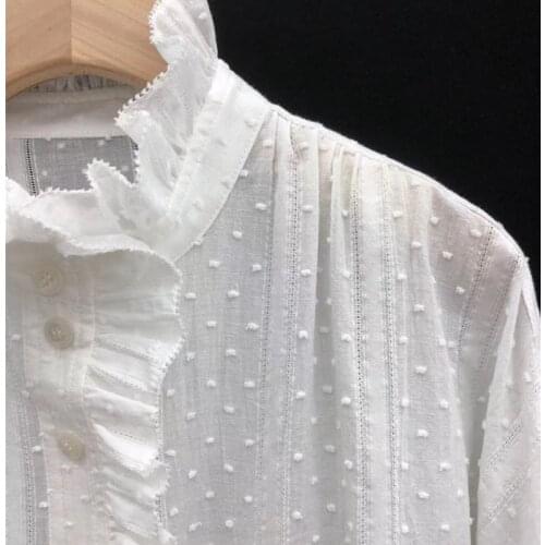 Women Blouse Shirt Summer Half Sleeve Solid Cotton Ruffle Embroidery Elegant High Street Chic Stunning Fashion S