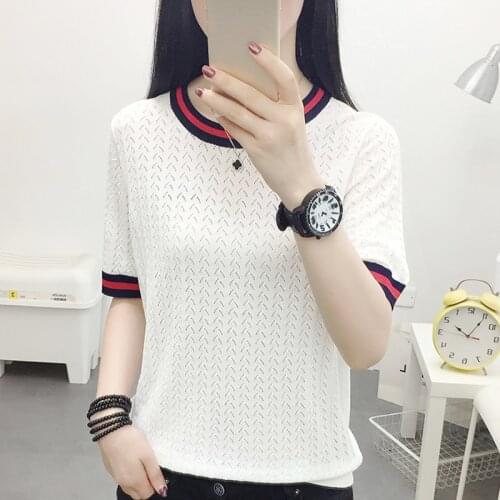 Korean Fashion Hollow Out Women T Shirt Knitted Casual O-Neck Tee Shirt Female Tops Hit Color Short Sleeve Summer Tshirts White