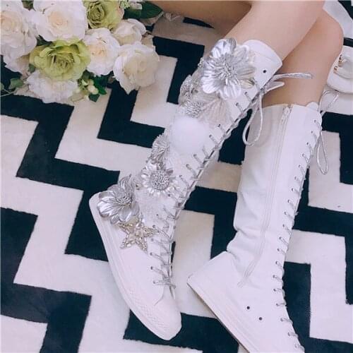 High Quality Womens White Canvas Knee High Boots Flat Lace Up Shoes 3D Flowers Decoration Rhinestones Casual Shoes J9