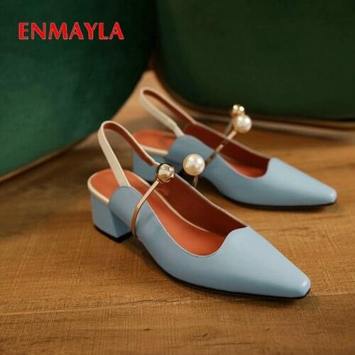 ENMAYLA 2020 Casual Slip-On Round Toe Genuine Leather Ladies Shoes Basic Square Heel Women High Heels Pearl Shoes Woman 34-40