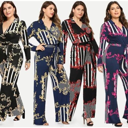 BBSET Plus Size Womens Autumn and Winter Deep V Printed Trousers Lace-up Jumpsuit Feminine Sense Pants for Women