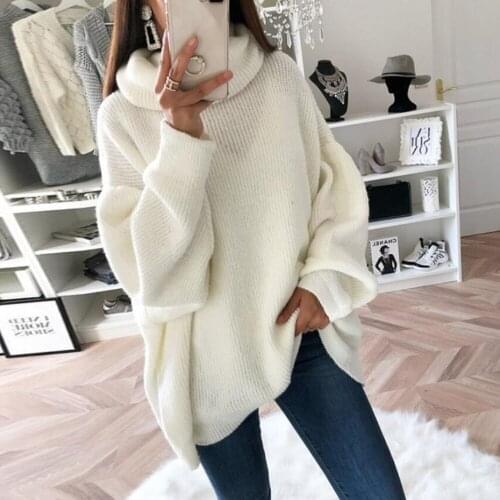 Knitted Sweater 2021 Women Oversize Basic Female Solid Loose Turtleneck Collar Pullovers Warm Autumn Winter Sweaters White Pink