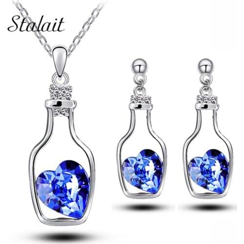 Asutrain crystal heart drift bottle ocean float love Jewelry Sets fashion Necklace Earrings wedding bridal18KGP pendant 90095