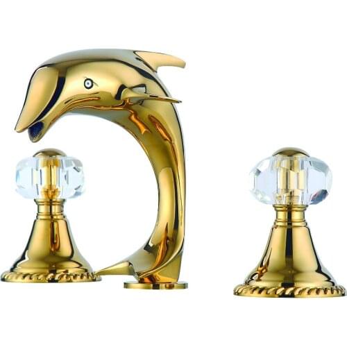 Free ship PVD GOLD 3 Pcs WIDESPREAD LAVATORY BATHROOM SINK dolphin FAUCET mixer tap Crystal handles