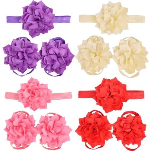 Baby Barefoot Sandals Set Chiffon Flower Newborn Sandals Baptism Shoes Baby Toddler Shoes Photo Props Baby Beach Shoes 4 Colors