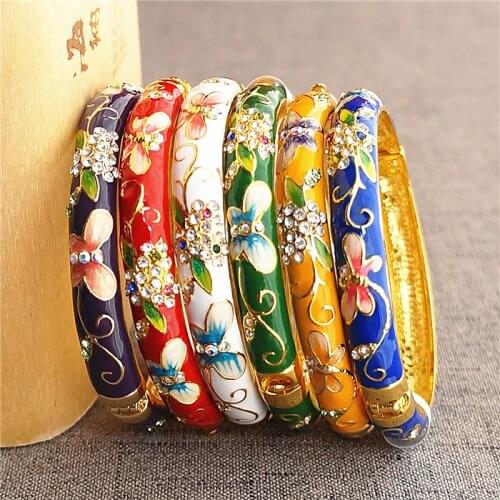 Butterfly Flower Chinese Cloisonne Rhinestone Bangle High Quality Enamel Ladies Hard Bracelet Colorful Fashion Jewelry Gifts