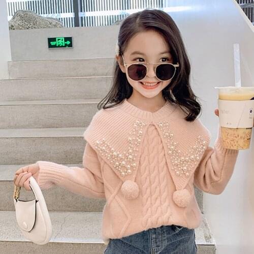 Kids Solid Pearl Knitted Thick Sweater Girls Cute Winter Tops Teenage Toddler Girl Warm Sweaters 6 8 10 12 14 girl clothes