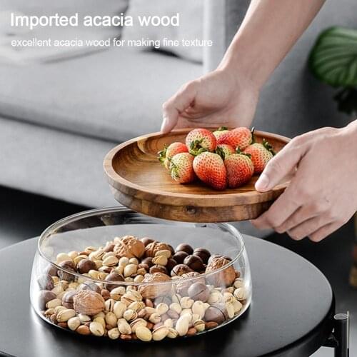 Double Layer Glass Storage Box Fruit Plate Candy Nut Dried Storage Box With Wooden Lid Fruit Tray For Home Kitchen