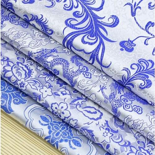 75cm*100cm Brocade fabric costume COS kimono silk satin fabric cheongsam blue and white porcelain series dress diy fabric