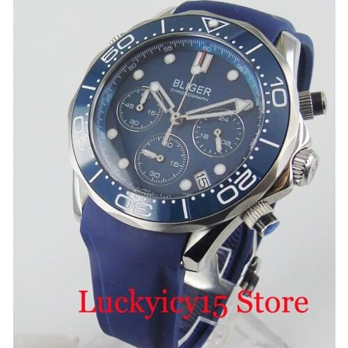 BLIGER Quartz Watch Men Sapphire Glass Chronograph Function Blue Dial Ceramic Bezel 41mm Wristwatch Date