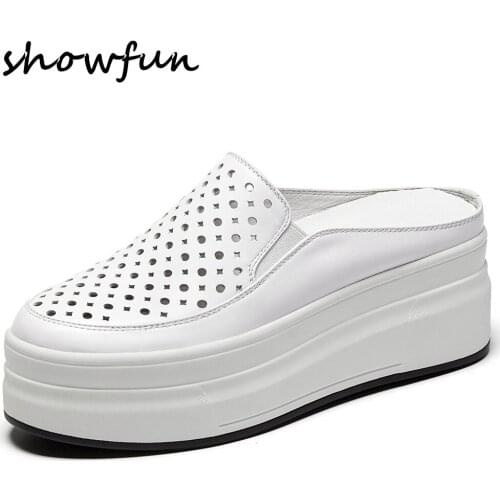 Womens genuine leather hollow-out platform unk flats mules leisure soft comfortable thick sole punk casual sandals shoes women