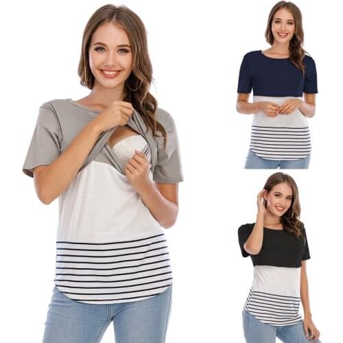 2020 New Maternity Nursing Tee Shirts Short Sleeve Round Neck Patchwork Lace T-shirt X-cross Breastfeeding Tops Clothes Summer
