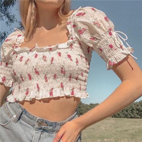 Summer 2021 New vintage square neckline ear shavings with elastic pleated foam sleeved shirt blouse tide