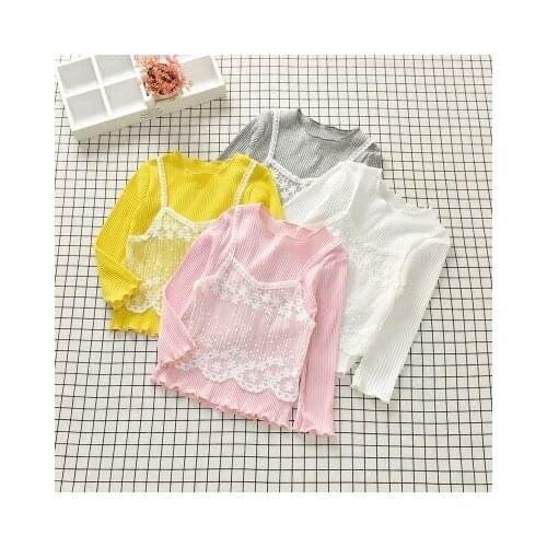 1-6y baby girls clothes t-shirts 100% cotton faux two piece o-neck long-sleeve spring female children t shirts ropa de ninas