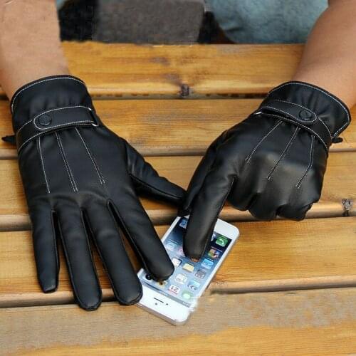 Winter Men Faux Leather Full Finger Touch Screen Warm Gloves Outdoor Activity Windproof Ski Motorcycle Black Glover