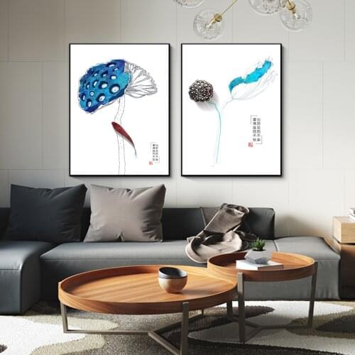 Lotus Leaf Seedpod of the Lotus Blue Embellishment Hanging Poster Canvas Print Painting Wall Art Living Room Home Decoration