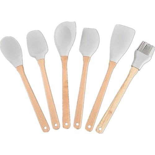 With Wooden Handle Heat-resistant Design 6pcs/set Silicone Kitchen Tools Cooking Tools Utensils Set Spatula Shovel Soup Spoon