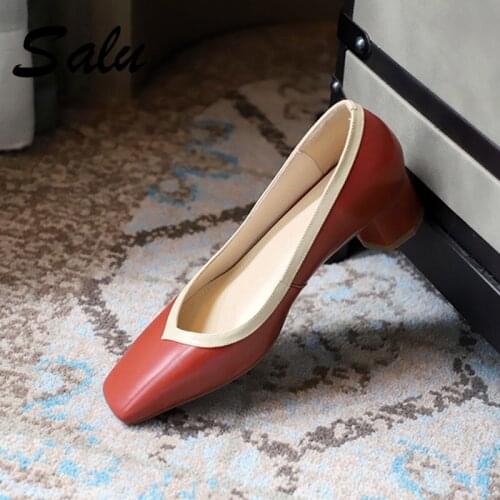 Salu New Classic Square Heeled Genuine Leather Women Pumps Fashion Elegant Decoration Shoes Party Lady Round Toe Shoes Woman