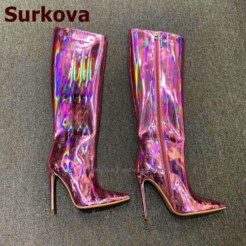Surkova Hologram Iridescent Pink Purple Patent Leather Knee Boots Thin High Heel Women Pointed Toe Tall Boots Zipped Dress Shoes
