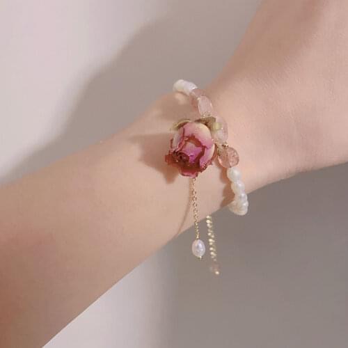Vintage Eternal Flower Natural Pearl Earrings Bracelet Adjustable Metal Chain Women Fashion Temperament Jewelry