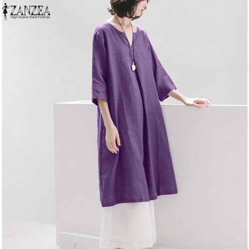 ZANZEA Summer Women Casual Solid Blouse Loose 3/4 Sleeve Blusas Femininas Baggy Tunic Tops Vintage Long Shirt Vestidos Plus Size